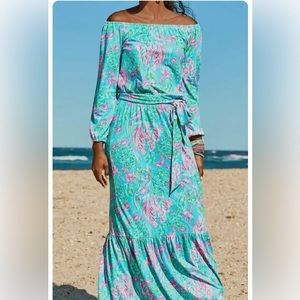 Lilly Pulitzer Odella Off-The-Shoulder Maxi Dress Amalfi Blue Best size M.